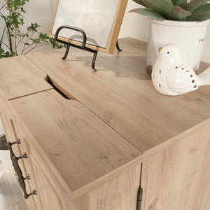 English Elm Craft Station with Drop-Leaf Extension, Brown Khaki Pine Finish — Compact Crafting Workstation w/ Storage B356P402737