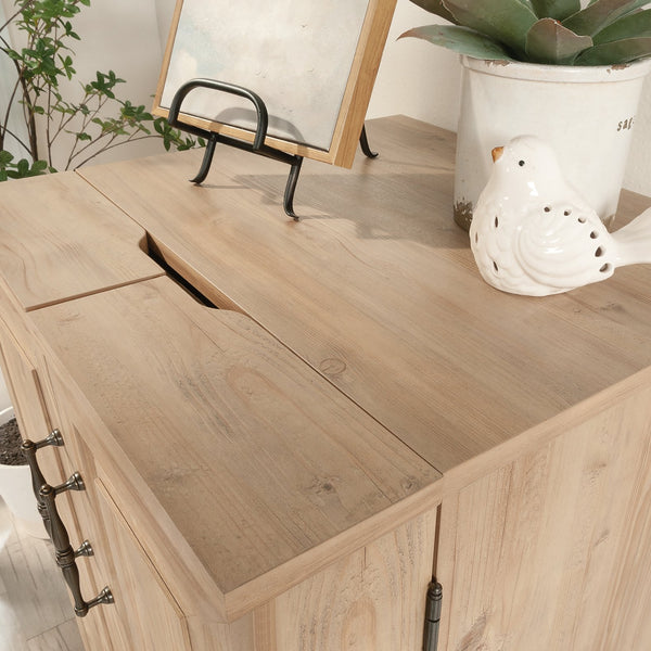 English Elm Craft Station with Drop-Leaf Extension, Brown Khaki Pine Finish — Compact Crafting Workstation w/ Storage B356P402737