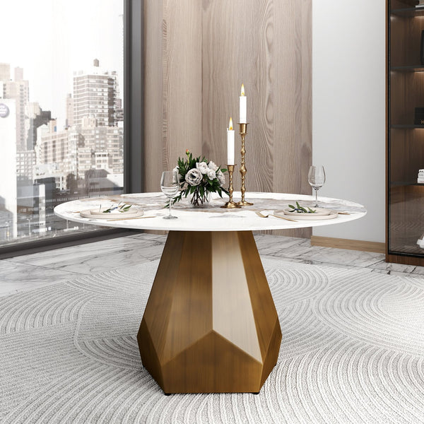 English Elm 53" Round Marble Dining Table With Metal Base - Stylish Seating For 6, Ideal For Modern Spaces W1535S00453