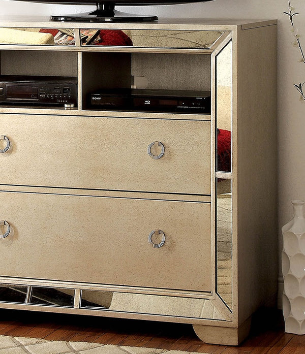 English Elm Unique Luxury Media Chest 46" W Champagne Gray Finish with Antique Mirror Panels, Tufted Glam Design, Ring Pulls B2741P367198