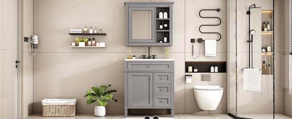 English Elm 30'' Modern Bathroom Vanity Set With Mirror, Stylish Freestanding Cabinet, Ample Storage & Sink SW000127AAE-1