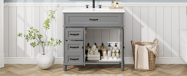 English Elm Christopher Knight Home® - 36" Bathroom Vanity with Sink - Freestanding Ceramic Top, Soft-Close Doors & Drawers, Robust Craftsmanship Grey N759P340019E