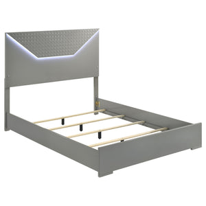 English Elm Pierce Grey High Gloss Queen Bed with Diamond Textured Panel and Touch LED Headboard, Modern Romantic Design B062S01369