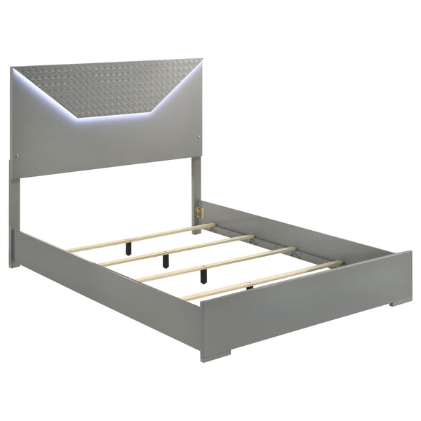 English Elm Pierce Grey High Gloss Queen Bed with Diamond Textured Panel and Touch LED Headboard, Modern Romantic Design B062S01369