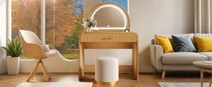 English Elm 39" Makeup Vanity Table with Touchscreen LED Mirror, Sleek Dressing Table with Drawer and Glass Top - Durable Rubberwood, Fast Assembly Natural N704P196658N