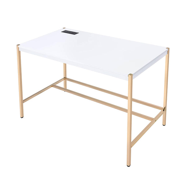 English Elm Rectangular Writing Desk with USB Port and Metal Frame, Rustic Textured Finish for Cozy Workspace_x0003_ Gold,White B016P326489