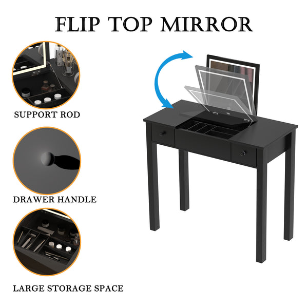 English Elm Multifunctional Vanity Desk with Flip-Top Mirror, 3-Level LED Lighting, Ample Storage for Small Spaces Black W760P152315