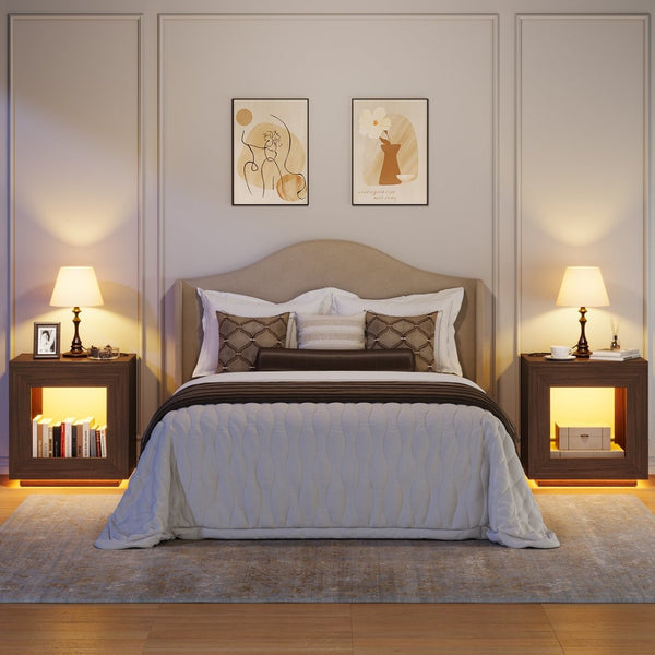 English Elm Rustic Wood End Table With Led Lighting & Integrated Power Hub - Stylish 2-Tier Storage Solution W1550P330032-GIGA