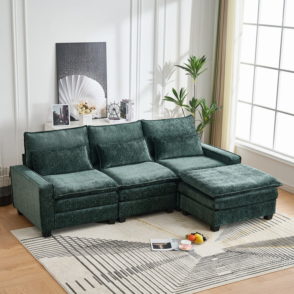 English Elm 99'' Sectional Cloud Deep Seat Couch - Plush Chenille 4-Seat L-Shaped Sofa with Movable Ottoman, Stain-Resistant Comfort and Ergonomic Lumbar Support Green W3373S00025