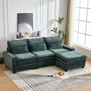 English Elm 99'' Sectional Cloud Deep Seat Couch - Plush Chenille 4-Seat L-Shaped Sofa with Movable Ottoman, Stain-Resistant Comfort and Ergonomic Lumbar Support Green W3373S00025