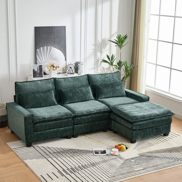 English Elm 99'' Sectional Cloud Deep Seat Couch - Plush Chenille 4-Seat L-Shaped Sofa with Movable Ottoman, Stain-Resistant Comfort and Ergonomic Lumbar Support Green W3373S00025