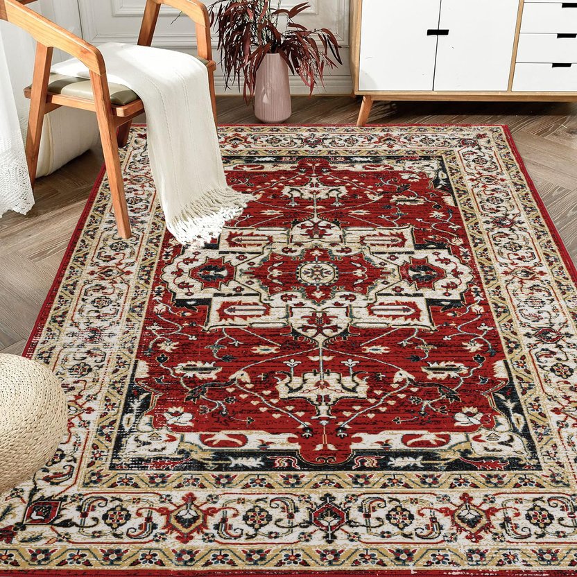 English Elm Area Rug 5X7 Vintage Bohemian Persian Floral Design In Yellow & Red – Non-Slip, Washable Comfort W2907P265033