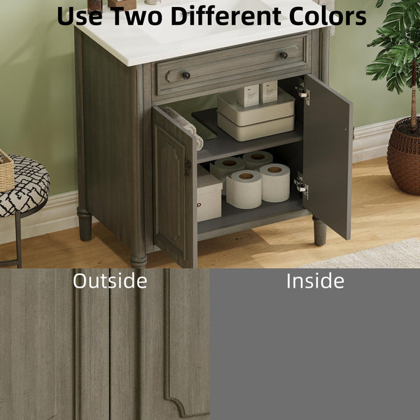 English Elm Christopher Knight Home® - 30 Inches Vintage Bathroom Vanity With Sink – Rustic Gray Cabinet, Soft-Close Doors & Ceramic Top N817P299472G
