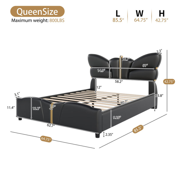 English Elm Christopher Knight Home® - Queen Plush Leather Upholstered Bed Frame with Wingback Headboard, Wavy Footboard, Quiet Support Black 82 L x 10 W x 3.25 H N761S0000019B