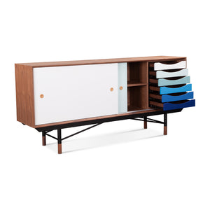English Elm Finn Juhl Mid-century Walnut Veneer Sideboard with Sleek Steel Legs Dining Storage Blue,White B353S00012