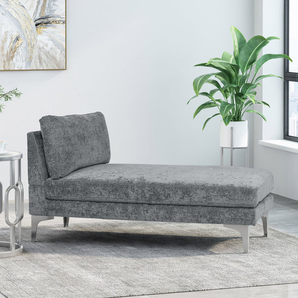 English Elm Christopher Knight Home® - CHAISE Plush Fabric Lounge with Silver Bracket Legs and Backrest Pillow for Stylish Comfort Grey 66.75 L x 30.5 W x 12.25 H 68109.00GRY