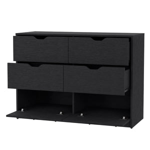 English Elm Basilea 4-Drawer Double Dresser with 2 Pull-Down Cabinets Black — Spacious Storage, Shoe Organizer and Display Surface B200P239598