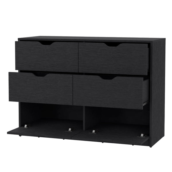 English Elm Basilea 4-Drawer Double Dresser with 2 Pull-Down Cabinets Black — Spacious Storage, Shoe Organizer and Display Surface B200P239598