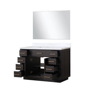English Elm Black Oak Single Bath Vanity Set With Carrara Marble Top & Frameless Mirror For Elegant Bathrooms B2731S02117
