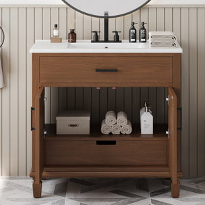 English Elm Christopher Knight Home® - 36" Rattan Bathroom Vanity with Ceramic Sink and Soft-Close Drawers, Handwoven Door Texture, Solid Wood Legs, Spacious Storage Elegance Brown N817P271077B