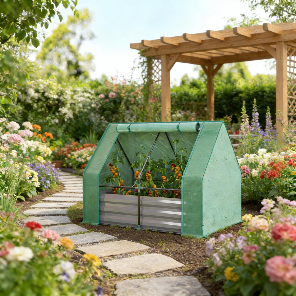 English Elm 2-in-1 Galvanized Steel Raised Garden Bed with Pe Greenhouse Cover for Year Round Growing Dark Gray,Green T3971P455741