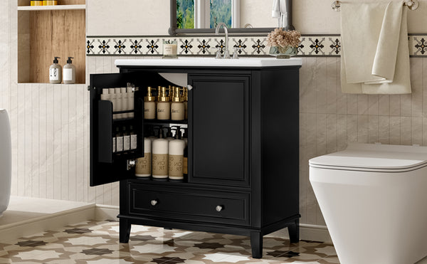 English Elm 30" Bathroom Vanity with Sink — Modern Freestanding 30" Cabinet with Ceramic Top, Drawer, Doors, Shelf Black N725P221263B