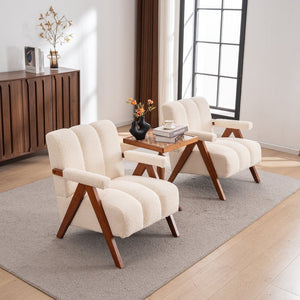 English Elm Mid-century Modern Chenille Lounge Chair Set Oak Frame Cloud Silhouette Living Room Beige W1170S00052