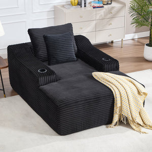 English Elm 67" Corduroy Oversized Chaise Sleeper Sofa Deep Seat Boneless Lounge with Cup Holder Pillows Black W1803P409253