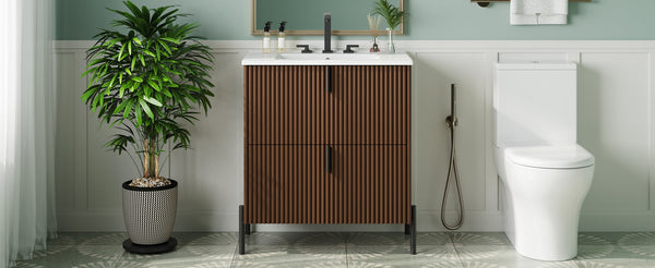 English Elm Christopher Knight Home® - 30" Elegant Freestanding Bathroom Vanity With Glossy Ceramic Sink, Soft-Close Drawers & Fluted Design N817P288931D