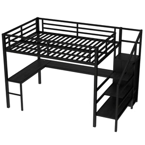 English Elm Twin Xl Metal Loft Bed with Stair Storage Shelves Sturdy Steel Frame for Dorms W1580S00545