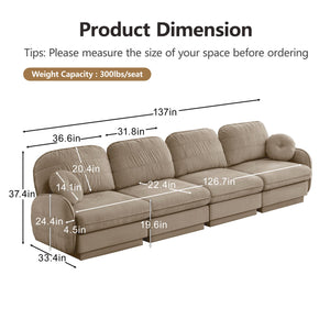 English Elm 137"chenille Cloud Sofa Deep Seat Four Seater with Quilted Cushions for Living Room Light Coffee W714S01762