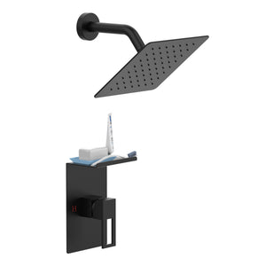 English Elm Shower 8" Square Rain Head Faucet Set with Single-Handle Mixer, 15" Arm, Rack Storage & Detachable Trim (Modern) Matte Black T3177P269146