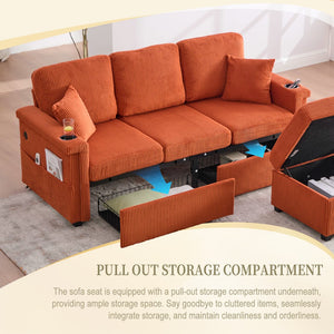 English Elm UNITED Corduroy L-Shaped Sectional Sofa with Storage Ottoman, USB Ports, Cup Holders & LED Lighting Orange W1568P332402