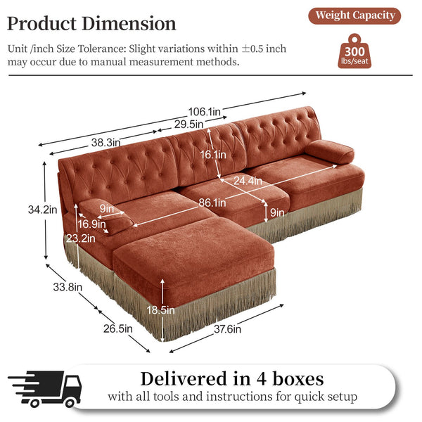 English Elm 3-seater Velvet Modular Sectional with Button Tufting Tassel Skirt and Wooden Base Red+Brown W714S01723