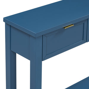 English Elm U_style Contemporary Console Table with 4 Drawers Pine Legs Open Shelf Foyer N711P218638V