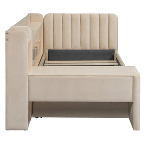 English Elm Twin Upholstered Daybed with Velvet Finish, High Back Shelves, Flip Cabinets, Drawers & Side Table Beige SF000196AAA