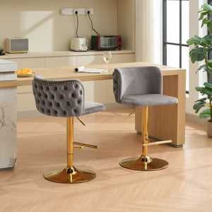 English Elm A&A Luxe Velvet Swivel Barstool with Gold-Plated 17.7" Base, Tufted Back, Ergonomic Waist Support Gray W1143P204046