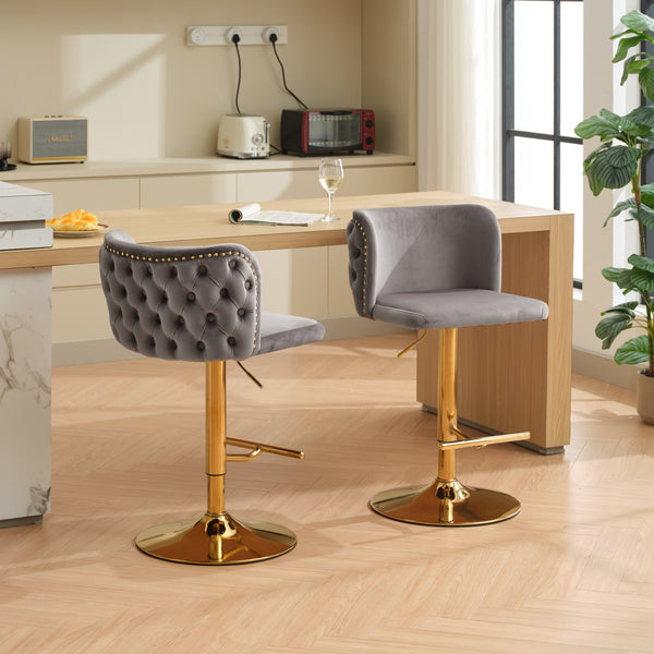 English Elm A&A Luxe Velvet Swivel Barstool with Gold-Plated 17.7" Base, Tufted Back, Ergonomic Waist Support Gray W1143P204046