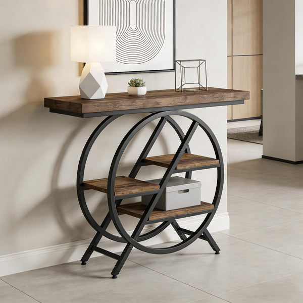 English Elm Hall Console Table Faux Marble Top Gold Geometric Base Modern Entryway Accent T3971P451093