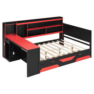 English Elm Full Size Gaming Bed Frame with Desk Led Lights Storage Drawers and Charging Station Black+Red LP000289AAJ