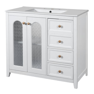 English Elm 36.02-inch white bathroom vanity with ceramic basin, gold round handles, soft-close doors & drawers N729P184710K