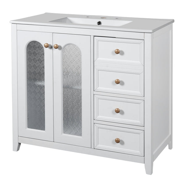 English Elm 36.02-inch white bathroom vanity with ceramic basin, gold round handles, soft-close doors & drawers N729P184710K