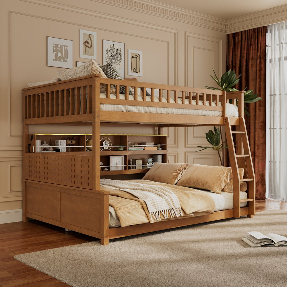 English Elm Full Xl Over Queen Bunk Bed Pinewood Frame with Led Lights Shelving Pegboard Brown LT000279AAP