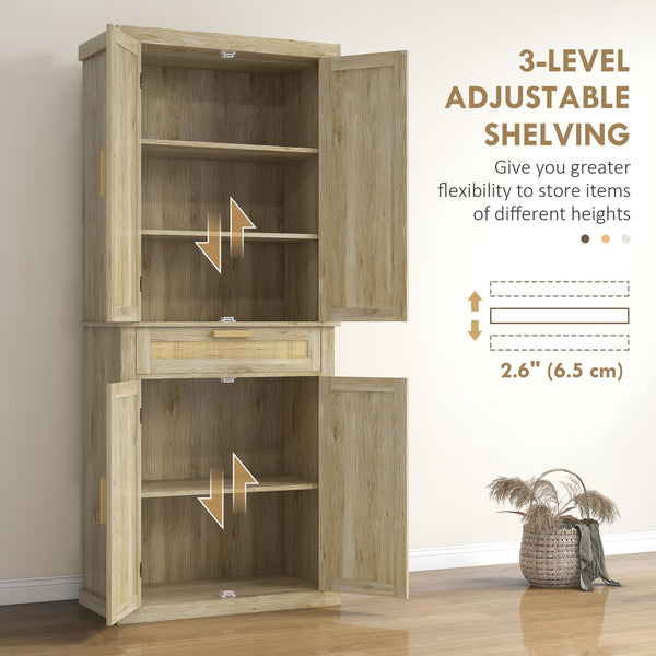 English Elm Homcom 72" Tall Boho Pantry Cabinet With Rattan Panels, 5-Tier Storage, Adjustable Shelves, Oak Finish W2225P229259