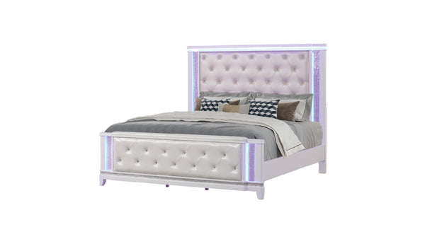English Elm Opium Queen Bed with Tufted LED Headboard, Milky White Upholstery, Glam Hollywood Style, Durable Build B009S01014