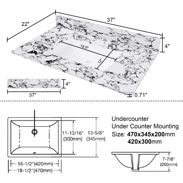 English Elm 37"X22" Bathroom Vanity Top With Undermount Sink & Backsplash - Durable, Easy-Clean Panda White Finish W509P362105