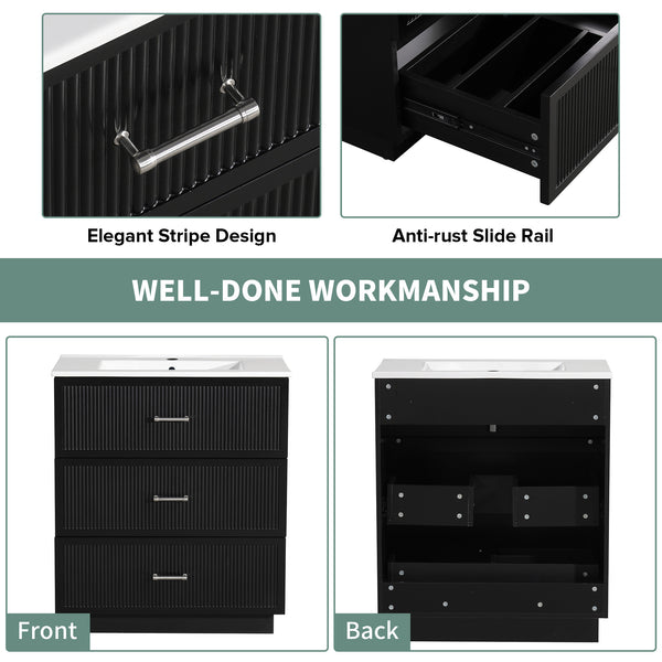 English Elm 30 Inch Bathroom Vanity With Ceramic Sink Combo - Modern Black Freestanding Storage Cabinet Set W1550S00047