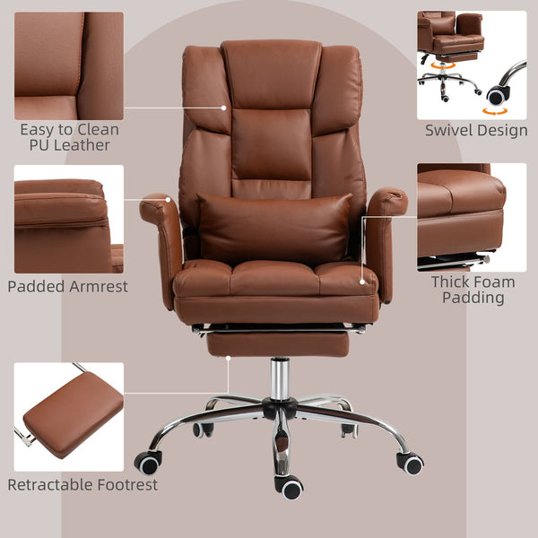 English Elm Homcom Ergonomic Executive Office Chair With Footrest, Pu Leather Upholstery & Lumbar Support, Brown W2225P250007