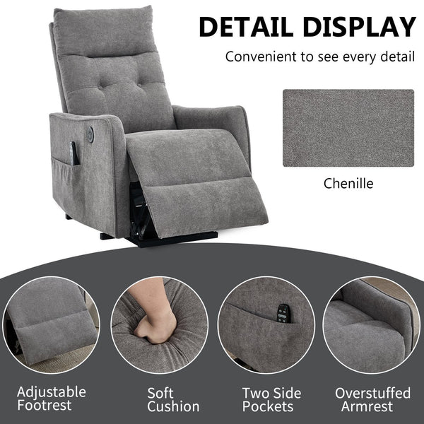 English Elm Beige Chenille Power Lift Recliner with Massage Heat and Usb for Senior Comfort Light Gray W1803P369078