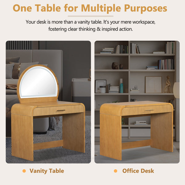 English Elm 39" Makeup Vanity Table with Touchscreen LED Mirror, Sleek Dressing Table with Drawer and Glass Top - Durable Rubberwood, Fast Assembly Natural N704P196658N
